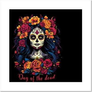 Day of the dead; el Día de Muertos; Mexico; Mexican; sugar skull; beautiful; woman; colorful; bright colors; black shirt; skeleton; celebration; celebrate; party; fiesta; halloween; dark; skull; Posters and Art
